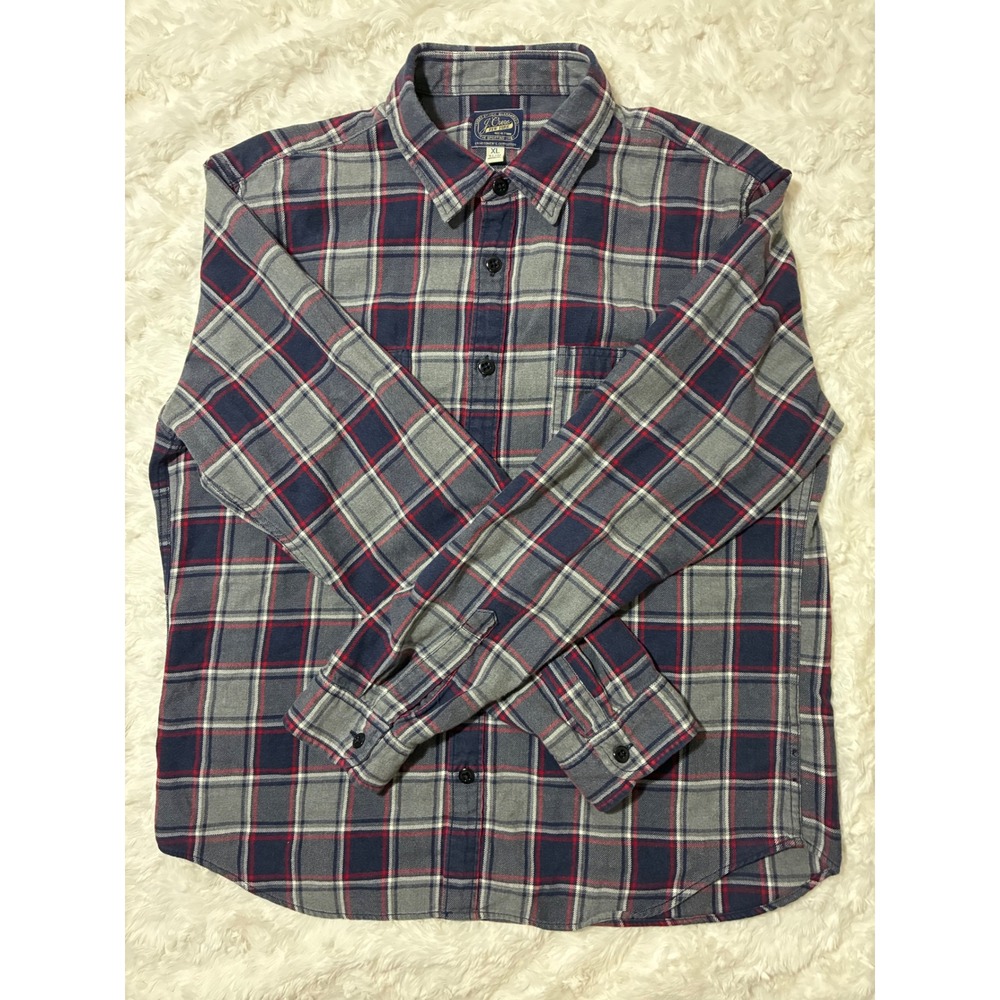 Y2K J. Crew Mens XL Slim Fit Flannel Shirt Blue Grey Red Plaid Cotton Button Up